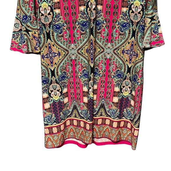 Nicole Miller Colorful Boho Paisley Print V-Neck 3/4 Length Bell Sleeve Dress - Picture 2 of 9